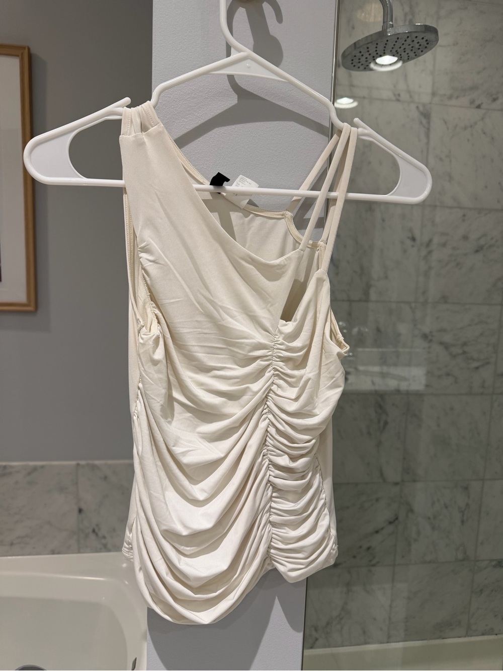 Cream Ruched Asymmetrical Strappy Tank Top